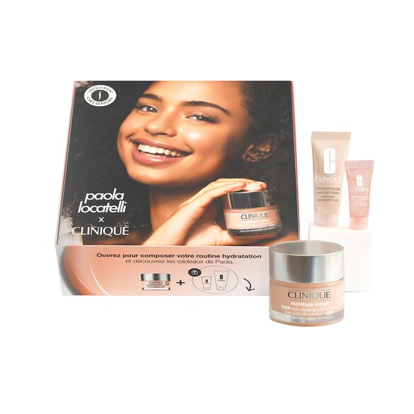 Votre coffret Paola Locatelli x Clinique et ses 2 essentiels OFFERTS* pour l'achat d'un Moisturge Surge 50ml, 75ml ou 125ml., CLINIQUE