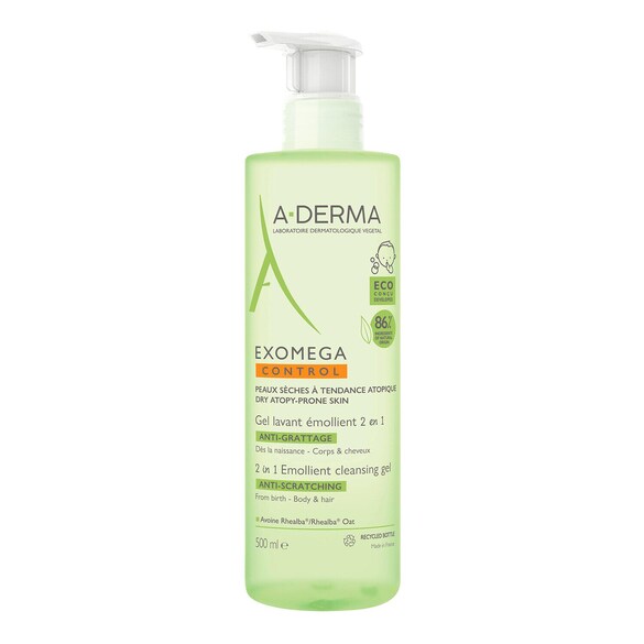 Exomega - Gel lavant émollient 2 en 1 anti-grattage, A-DERMA