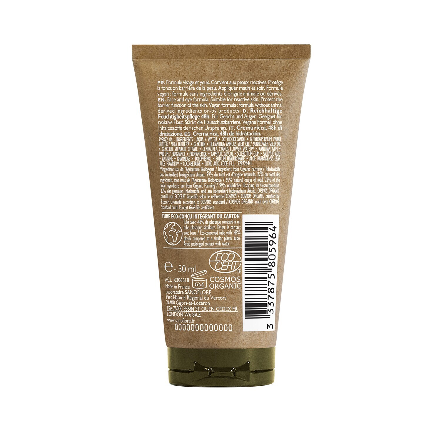 Crème Riche Sanoflore Aciana Botanica - 50 Ml, Peaux Sensibles, Hydratation Intensive, Vegan